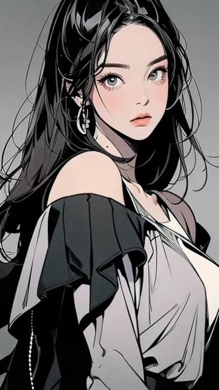 Monochrome manga illustration, elegant woman, striking features with meticulous linework, fierce yet contemplative expression, deep black ink contrasts enhancing delicate details, flowing long hair cascading down shoulders, intricately designed attire blen...