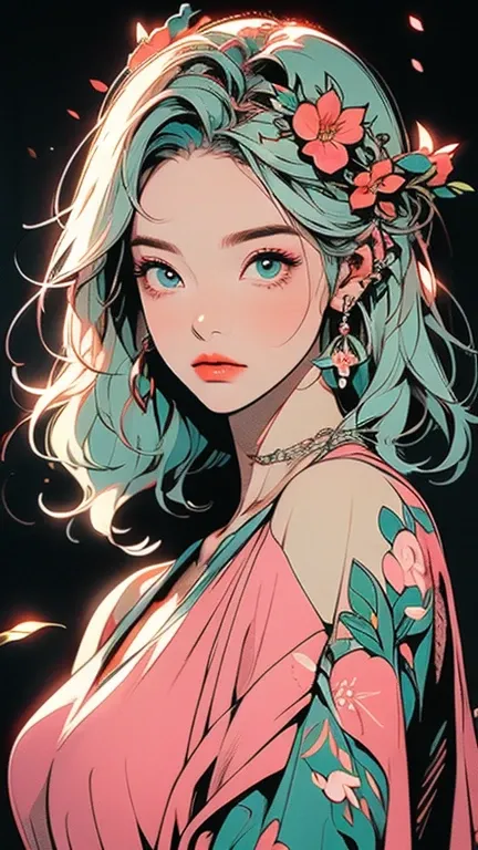 A stunning, luminous woman with cascading, silky light green hair and piercing aqua eyes, wearing a long pink silk dress, enchanted forest teeming with lush, emerald foliage and vibrant, exotic flowers, adorns a resplendent, ornate crown of blossoming wild...