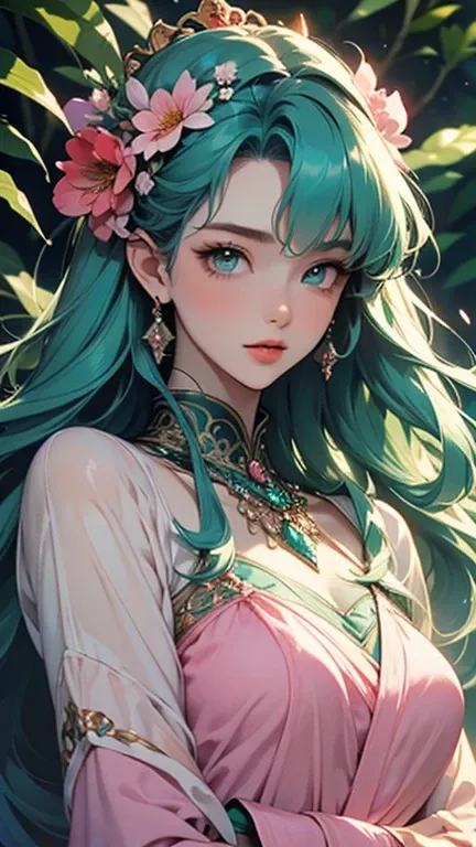 A stunning, luminous woman with cascading, silky light green hair and piercing aqua eyes, wearing a long pink silk dress, enchanted forest teeming with lush, emerald foliage and vibrant, exotic flowers, adorns a resplendent, ornate crown of blossoming wild...