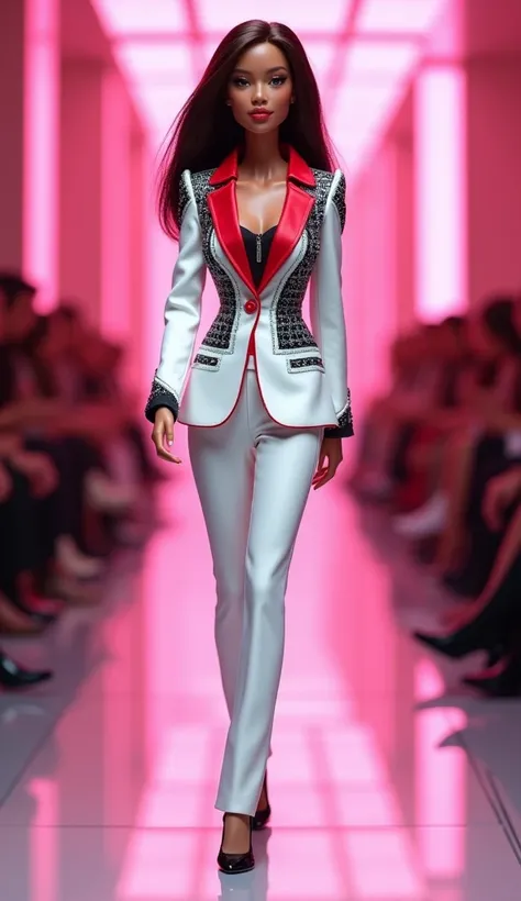 Barbie in a white suit with red collar and black and white details, luxurious suit walking down a stunning fashion runway, modern maximalist suit, red white, elegant suit, elegant suit, intricate suit, white suit, wearing a white and red suit , white and r...