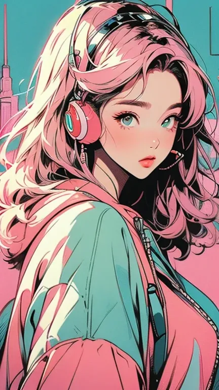 model girl wearing headphones, city background, emerald green eyes, pink hair, intricate details, aesthetically pleasing pastel colors, poster background, art by ilya kuvshinov
