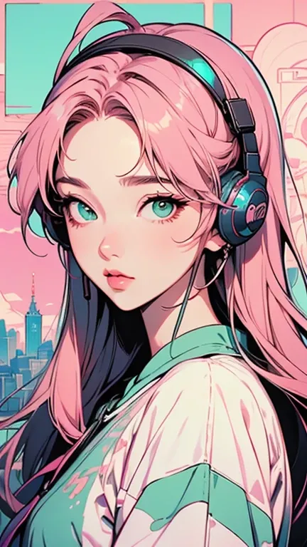 model girl wearing headphones, city background, emerald green eyes, pink hair, intricate details, aesthetically pleasing pastel colors, poster background, art by ilya kuvshinov
