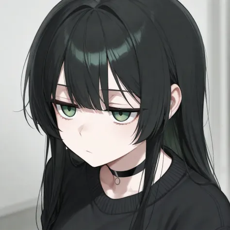 Ultra HD, woman,  long black hair , green eyes, jitome, dark circles,  black choker ,  loose black sweater, , 