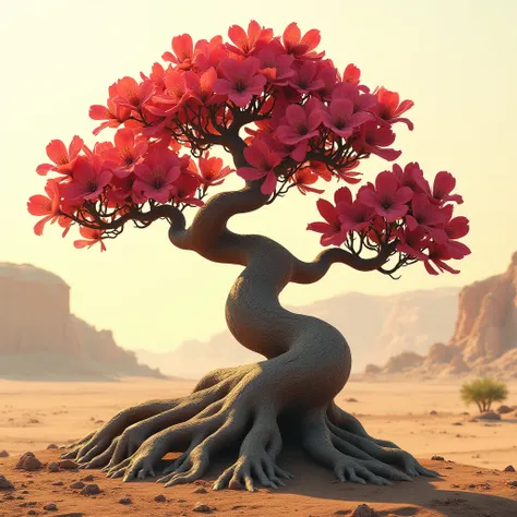  Create desert roses with a giant tuber style bonsai with lots of roses. flower is adenium .  desert background  