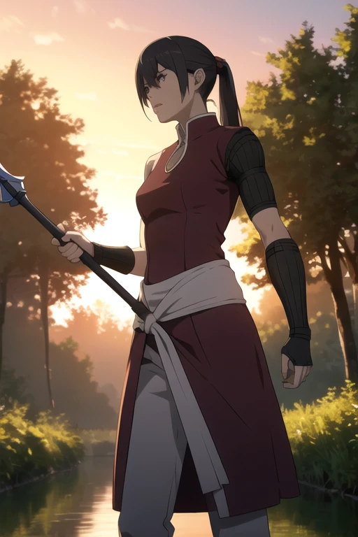 balsasei, 1girl, solo, dress, sash, single shoulder pad, single arm guard, white pants, hair tie, holding polearm, spear, forest, sunset, masterpiece, and ultra-high resolution reveal the absurdity of this scene,