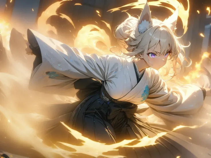 ((((masterpiece)))), anime coloring,Japanese anime,((((Best Quality)))), ,  ,(action),High resolution,fine grain,,Detailed face, Fox Girl,狐の耳,Wearing a kimono,hakama,Beautiful Skin、Beautiful and sophisticated eyes、氷,,雷,fire,xss