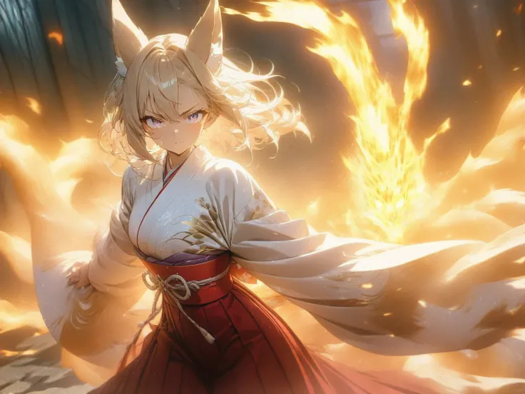 ((((masterpiece)))), anime coloring,Japanese anime,((((Best Quality)))), ,  ,(action),High resolution,fine grain,,Detailed face, Fox Girl,狐の耳,Wearing a kimono,hakama,Beautiful Skin、Beautiful and sophisticated eyes、氷,,雷,fire,xss