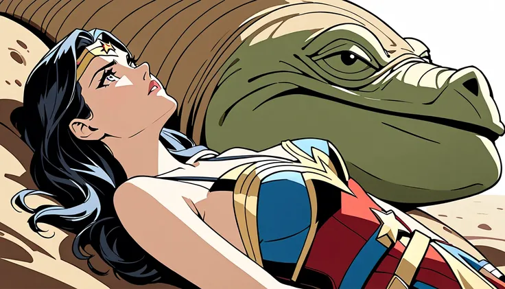  Wonder Woman facing Jabba the Hat、Wonder Woman lying on her back 、 Jabba the Hat looking down from directly above 、 Composition viewed from the side、Down：Wonder Woman lying on her back 、superior：Jabba the Hutt