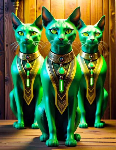 three green  with yellow eyes are standing in front of a wooden wall,  Egyptian cat goddess, beautiful neon , industrial robotic , Bastet,  DMT machine elves , , cat cat dream, DMT entities , portrait shot,  Alebrijes aesthetics ,  cat dream, anthropomorph...