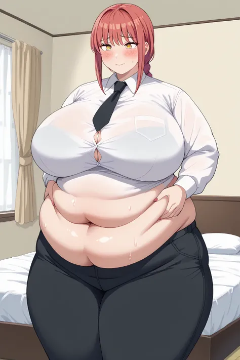 Makima, Makima,  long hair、bangs、 Long Sleeve, yellow eyes,  white shirt、Red Hair, collared shirt、 black pants 、 black tie,gigantic breasts,enormous breasts,belly cleavage,Sloppy belly fat, I'm sweating a lot,bedroom, troubled expression, embarrassed expre...