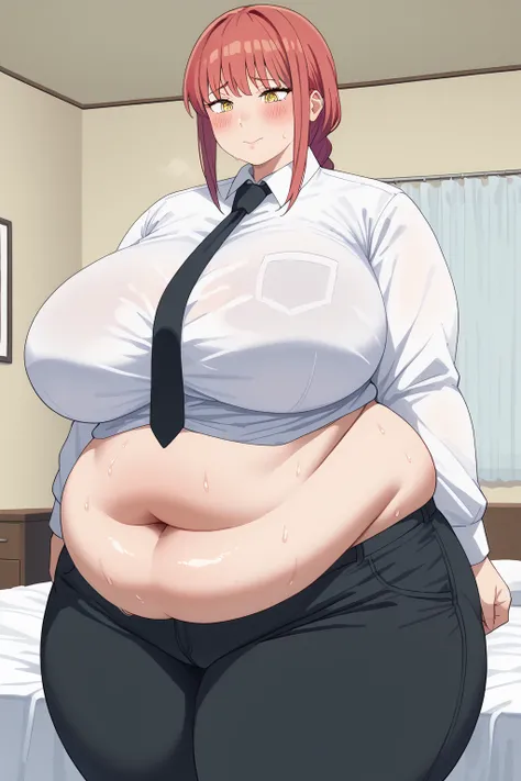 Makima, Makima,  long hair、bangs、 Long Sleeve, yellow eyes,  white shirt、Red Hair, collared shirt、 black pants 、 black tie,steam ,gigantic breasts,enormous breasts,belly cleavage,Sloppy belly fat, I'm sweating a lot,bedroom, troubled expression, embarrasse...