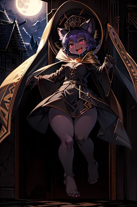  girl　Thief　Wearing a black cloak 　 silk hat　 with a black cane 　The full moon at night behind it 　 the cloak soars in the wind 　Cat-like mouth　 open your mouth and laugh　 highly detailed background ,  High Quality ,  high detail,  perfect anatomy, Very fi...