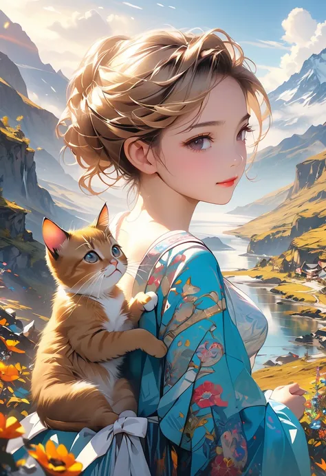 1girl, (((my journey with a cute brown kitten))), anime style, masterpiece, ultra-detailed, vibrant colors, pop art style, detailed animal anatomy, whimsical atmosphere, dynamic composition, soft lighting, fantasy landscape, magical realism, adventurous sp...