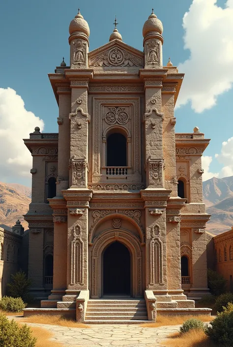 a house with a façade that shows the Tiahuanacota culture or part of the ruins