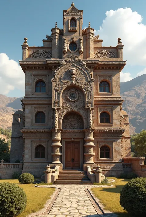 a house with a façade that shows the Tiahuanacota culture or part of the ruins