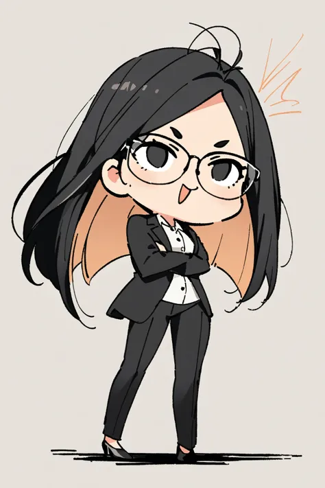 High quality, masterpiece, Hand drawn style,no background, white background,clean and sharp details, full body,

break,
A woman in her late 40s. Intelligent, focused, reliable, oval shaped sharp black eyes, elegant black rimmed glasses, 

break,
Medium bla...