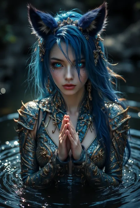  mystical-faced female figure with ears resembling a fox .  His hair was beautifully decomposed navy blue ,  adorned with intricate and shimmering accessories .  The glowing blue eyes gave a magical or supernatural impression .  He wears a metal-plated war...