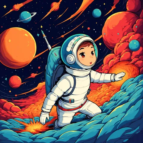 A bold and vibrant pop art design showcasing an astronaut embarking on a cosmic adventure, with a rocket beside them. The astronaut should look determined and excited, while the rocket should have dynamic lines and a sense of movement. The background shoul...