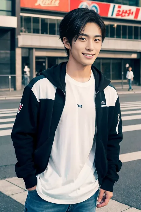 Pictures of the most attractive Japanese male soccer players. 25 years old. Face, masculine, cool, cute. He has an intense, fierce expression. He is smiling. Hair short, parted in the center, showing forehead. He wears casual, fashionable clothes. The back...