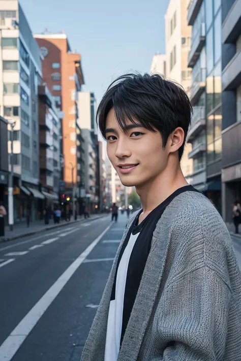 Pictures of the most attractive Japanese male soccer players. 25 years old. Face, masculine, cool, cute. He has an intense, fierce expression. He is smiling. Hair short, parted in the center, showing forehead. He wears casual, fashionable clothes. The background is a fashionable cityscape. 8K, HDR, High Definition, Color.