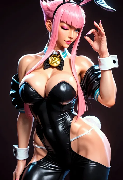 Manon legrand, Manon legrand from street fighter, 1girls, voluptuous female, bare shoulders, bunny ears, bunny girl suit, bunnysuit, busty, cleavage, female, female focus, female only, hourglass figure, pinup pose, skimpy, skimpy clothes, wide hips, pink h...