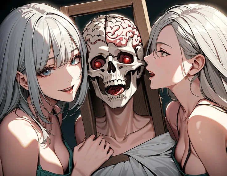 NSFW, LWRD, Grotesque, horror, shocking, gruesome, immoral, cannibalism, Realistic, ffm threesome, diagonally from above, 2 mature women, women focus, looking at the viewer, (masterpiece, sharp line art, official art, official style, super high quality, gr...