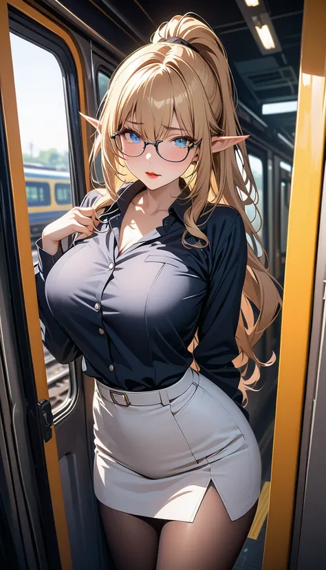 ((masterpiece)),  best quality ,  SUPER DETAILS,  high resolution,  extremely detailed CG integrated 8K wallpaper, HQ_HDR, (angle), (((wear glasses))), (Slutty female teacher elf with big breasts), blonde green, wavy ponytail ,  beautiful face in high defi...