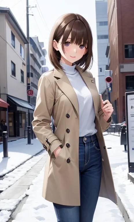 anegasaki nene、 shiny maroon hair,  short hair while on a business trip, ( brown pretty eyes 、 sparkling eyes , Fine grain)、smile、 super detailed eyes、Highly detailed faces, Highly detailed eyes,   (Masterpiece:1.2,  best quality ),女の子1 person, cowboy shot...