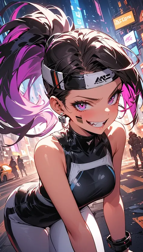 ( beautiful girl  : 1.3), 1 girl,( black competitive swimsuit, turtleneck,White leggings,headband, earrings,belt,Harness, assault rifle),Purple Hair, ponytail, barcode tattoo on the cheek, Crazy Smile ,Reckless attitude,Evil face,Provocative attitude, with...