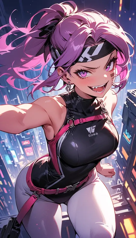 ( beautiful girl  : 1.3), 1 girl,( black competitive swimsuit, turtleneck,White leggings,headband, earrings,belt,Harness, assault rifle),Purple Hair, ponytail, barcode tattoo on the cheek, Crazy Smile ,Reckless attitude,Evil face,Provocative attitude, with...