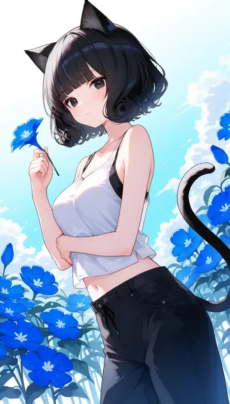 1girl, black eyes, Black Hair (blue gradient), blunt bangs, short Hair, curly hair, Cat ears and tail, medium Breast, tank top, wide pants, 2 cat tails, cool face, techwears, masterpiece, best quality, Perfect details, perfect composition, flower pettern,