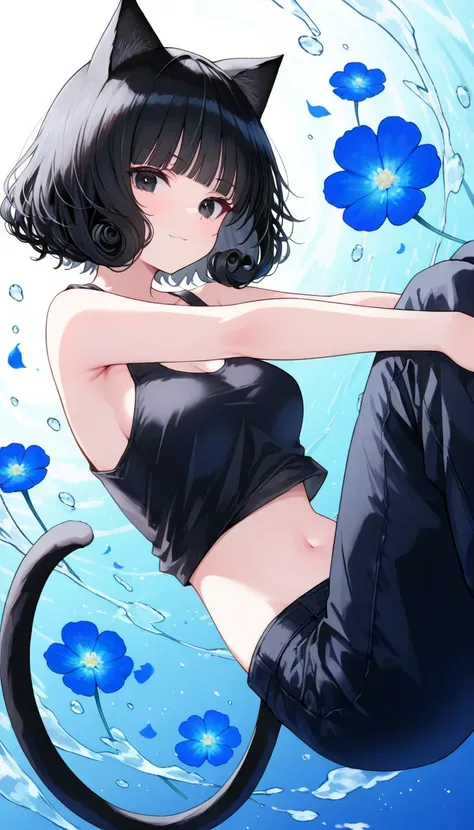 1girl, black eyes, Black Hair (blue gradient), blunt bangs, short Hair, curly hair, Cat ears and tail, medium Breast, tank top, wide pants, 2 cat tails, cool face, techwears, masterpiece, best quality, Perfect details, perfect composition, flower pettern,