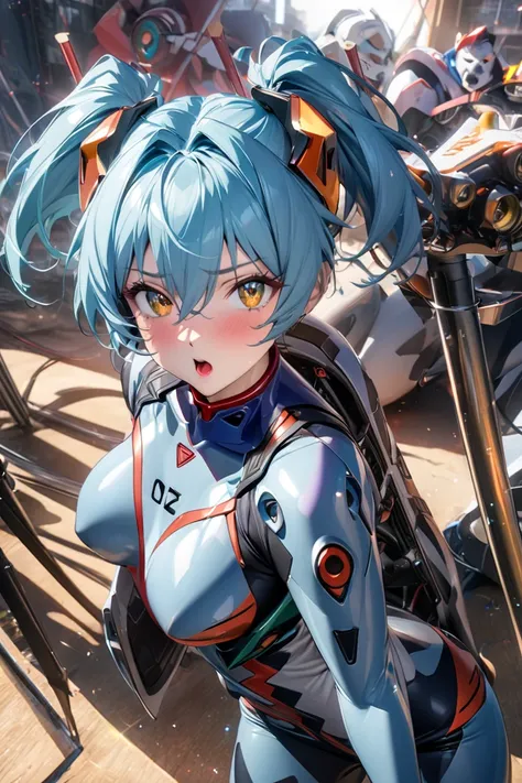  anime style、 Evangelion、 similar to Ayanami Rei 、 Monster Panic movie scene in the background、Time Machine 、Combat Uniform、Colonel、
 pussy ,  short ponytail ,  two side up, chest,  golden eyes, Small magatama in my eyes、 eyes symbol ,  tsundere, Sigh,  pa...