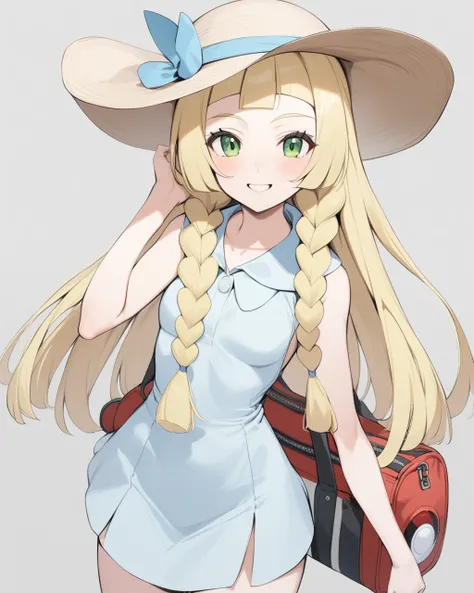 masterpiece,best quality,lillie \(pokemon\), 1girl,sun hat,blue ribbon,blonde hair, long hair,twin braids,blunt bangs,green eyes,bare arms,sleeveless dress, collared dress,sun dress, duffel bag,poke ball theme, grey background, cowboy shot, smile,