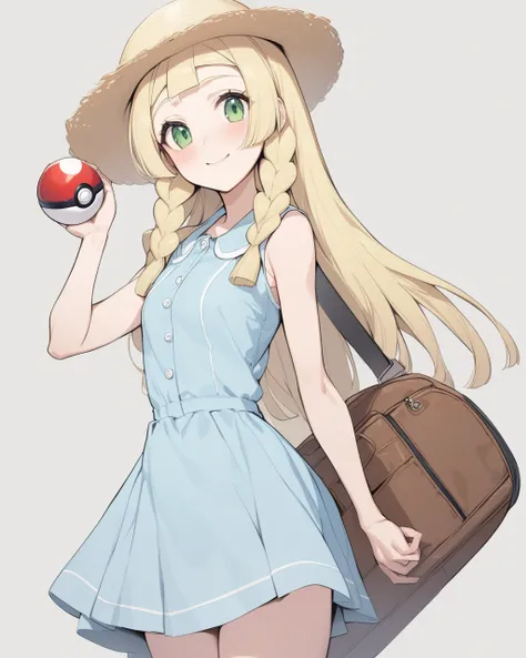 masterpiece,best quality,lillie \(pokemon\), 1girl,sun hat,blue ribbon,blonde hair, long hair,twin braids,blunt bangs,green eyes,bare arms,sleeveless dress, collared dress,sun dress, duffel bag,poke ball theme, grey background, cowboy shot, smile,