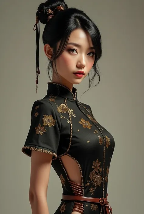 :

 A woman of stately posture ,  with shiny black hair tied in two elegant bows ,  each decorated with delicate ties that exude an air of tradition and strength . Your skin is clear and radiant,  with balanced features that highlight her striking deep bro...