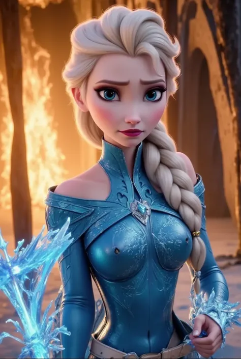   a beautiful Elsa from Frozen with sexy RPG armor and a fluorescent sword in her hand. The armor is bright blue  ,   you can see a full background of ice and fire  