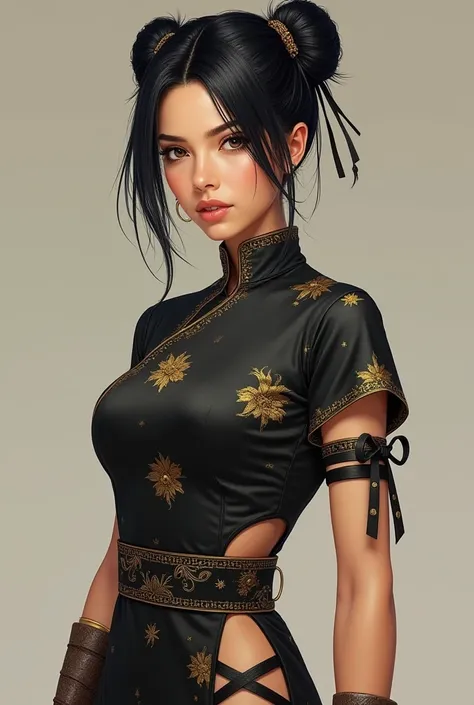 Of course! Here's a detailed description focused only on the character's appearance:

 A woman of stately posture ,  with shiny black hair tied in two elegant bows ,  each decorated with delicate ties that exude an air of tradition and strength . Your skin...