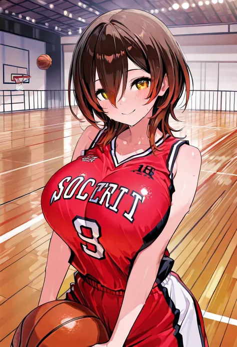 ( best quality  , 8k , masterpiece , incredibly absurdres , beautiful woman , perfect body , super detailed skin , highly detailed eyes and face ) , 1 person , roboco , original hair color ,  brown hair  , smile ,  will be happy , (  basketball uniform , g...