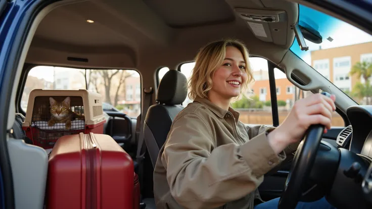 Create a dynamic scene of a person and their cat departing for their journey. The person is behind the wheel of a car, with the cat securely seated in a carrier on the passenger seat. The car is packed with luggage, and the background shows a bustling city...