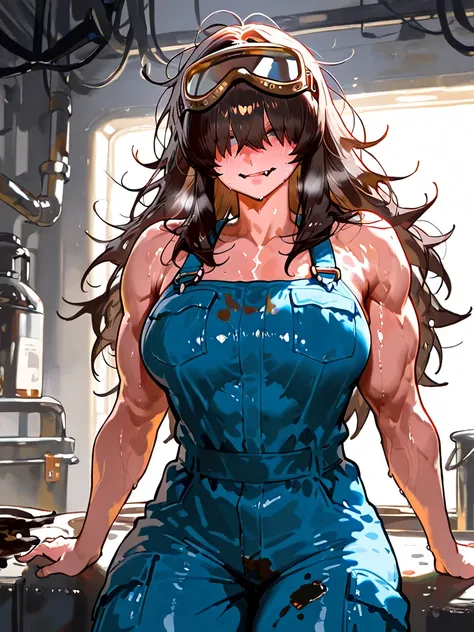 lean and toned Korean muscle mommy, long hair, Messy Hair, Hair Over Eyes, Fang, Goggles, jumpsuit , mechanic , medium breast ,oil stain, sweat 