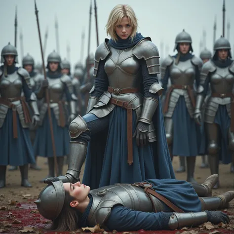 High resolution, masterpiece, photorealistic, a full armored 17-year-old female knight with blue eyes, blonde short hair, indomitable look wearing shiny medieval armour with blue cape is standing over and stepping on a bloody defeated soldier who begs her ...