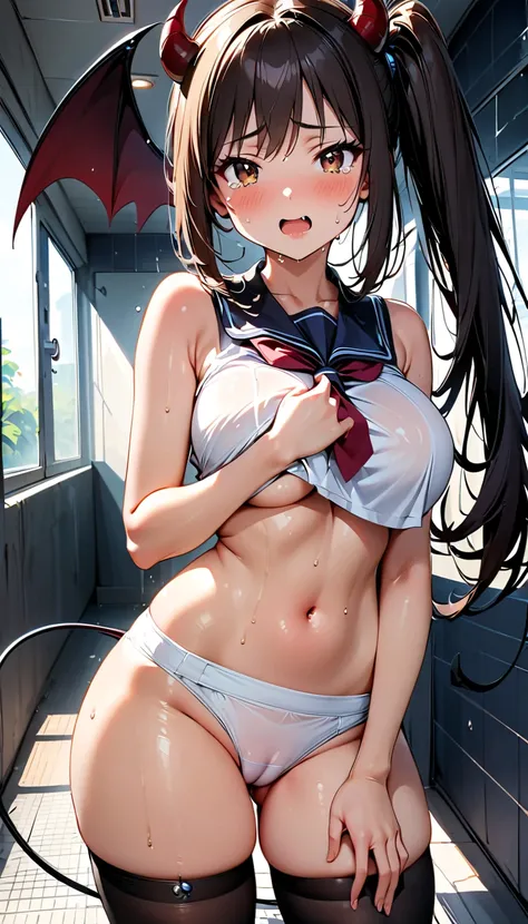 (Slender, (12yo), large breasts, cameltoe,(tented taut school uniform)), (midriff,くびれ), (Navy mini skirt), white panties, (1girl, Reica Shimohira, GANTZ), ((super long), side ponytail), brown eyes, black hair, beautiful detailed eyes, (cute eyes), black th...