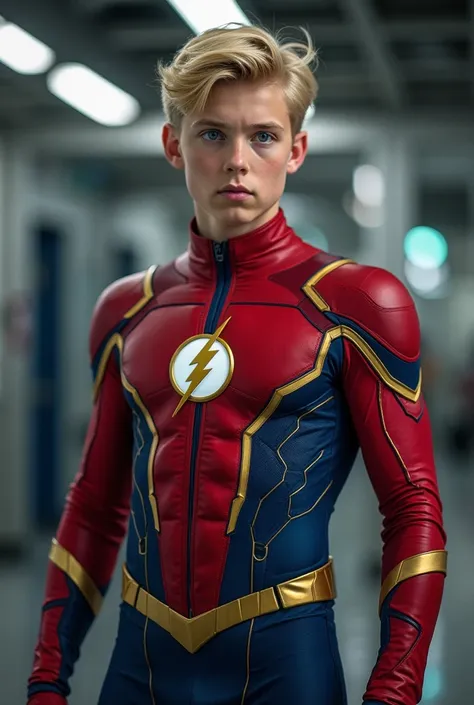 Full body image of  of a sixteen year old blond boy with blue eyes dressed in a stylized red-blue costume,  clearly inspired by the Flash  (Jay Garrick), the DC Comics superhero. The costume features gold details that resemble lightning ,  as the symbol of...