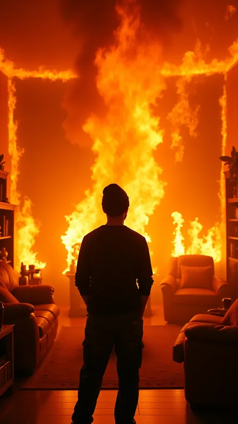 (  Absurdly , High quality , ultra detailed ) ,( hand detailed ) , A fully furnished living room with very high ceilings is engulfed in flames. Literally every single thing in the room is on fire and is a conglomerate of bright orange and bright yellow col...