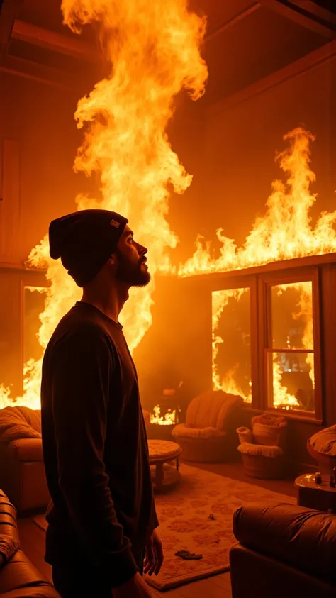 (  Absurdly , High quality , ultra detailed ) ,( hand detailed ) , A fully furnished living room with very high ceilings is engulfed in flames. Literally every single thing in the room is on fire and is a conglomerate of bright orange and bright yellow col...