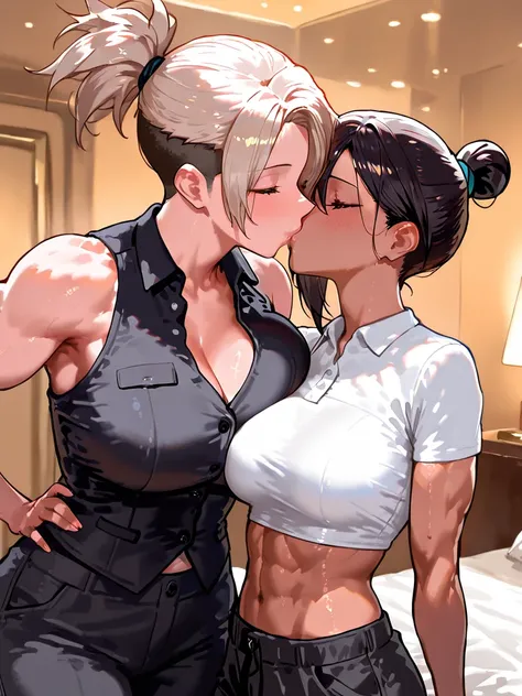 girl 1, masterpiece,lean and toned body,Hair Behind Ear, Topknot, muscle , undercut, buttoned white polo shirt, black vest, black cargo pants, flirty, strong body, dominant female , lesbian , kissing , hotel room