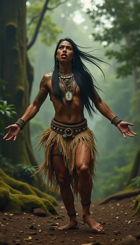  Background — New Zealand's misty forest with ancient trees {x} A young Maori woman aged 20-25 with smooth olive skin and traditional ta-tattoos stand out in their dynamic movements moko on the face,  Ka-mate .  Her body is tense ,  muscles :  arms wide op...