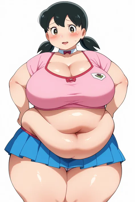 Shizuka Minamoto,   black hair,   rose twin-tail ,   short twin tail ,   black eyes ,  pink shirt,  WHITE COLLAR ,  BLUE SKIRT, ,gigantic breasts,enormous breasts,belly cleavage,Sloppy belly fat, I'm sweating a lot,Square, troubled expression, embarrassed ...