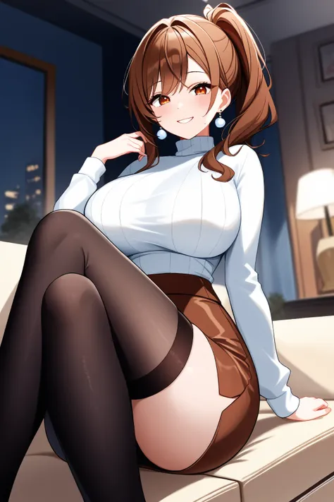 １ women　Age 35　living room sofa　 ponytail　 brown hair 　Inviting eyes　smile　 earrings　Big Breasts　 glamorous　 Cream Turtleneck　 Thin Waist 　brown slit miniskirt　 black stockings